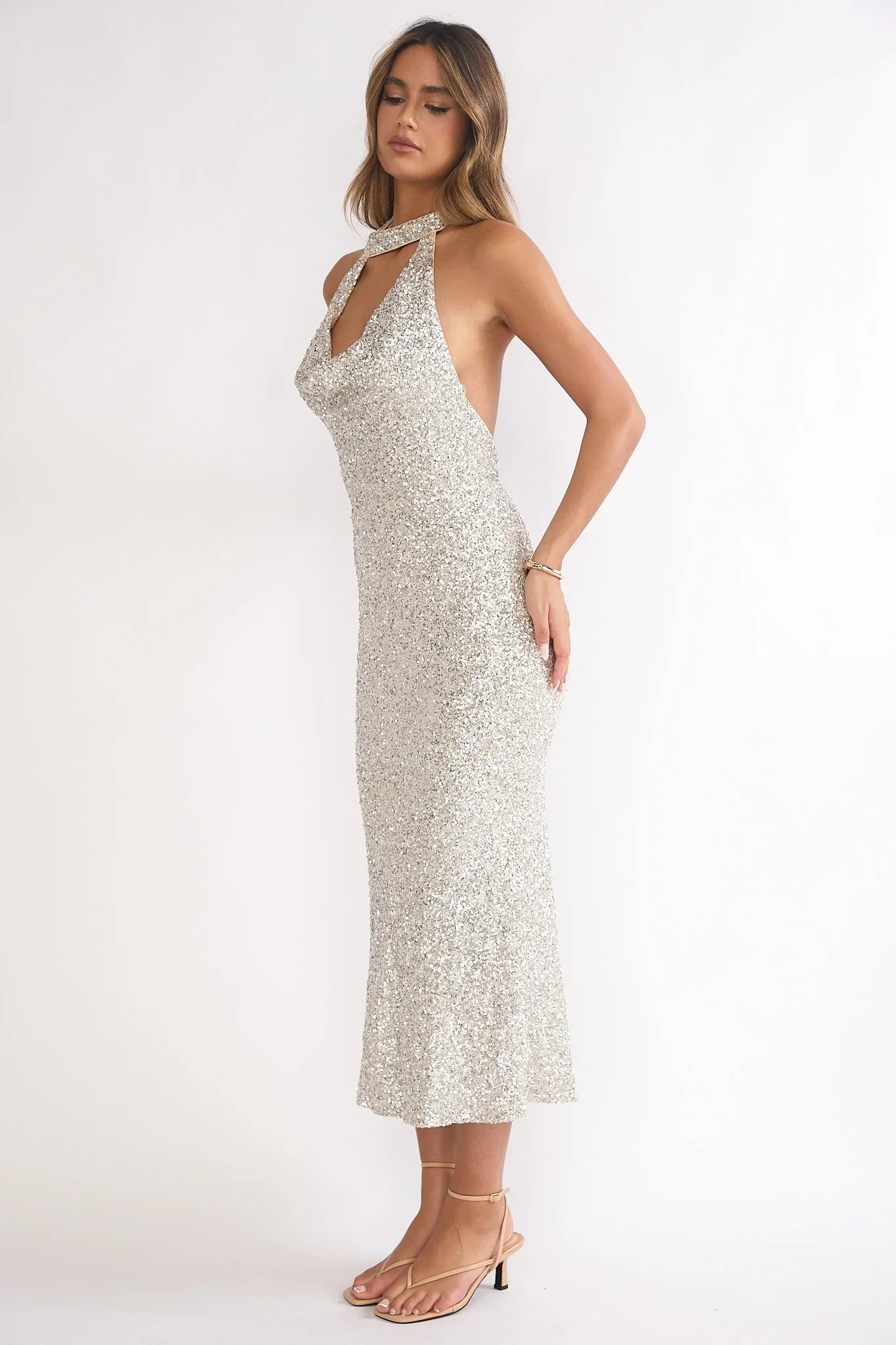 Sky Of Diamonds Backless Midi Dress Sequin Silver